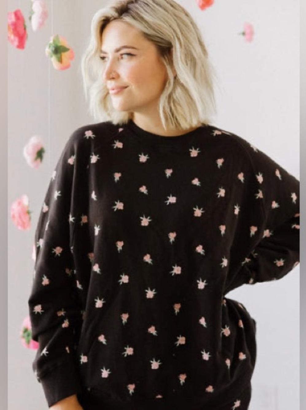 Brunette the Label x The Birds Papaya Black Floral Rose Crewneck Sweatshirt S M